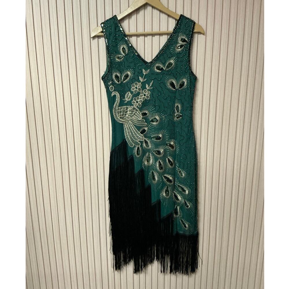 SWEETV Yessa Peacock Fringe Flapper Dress Size S
